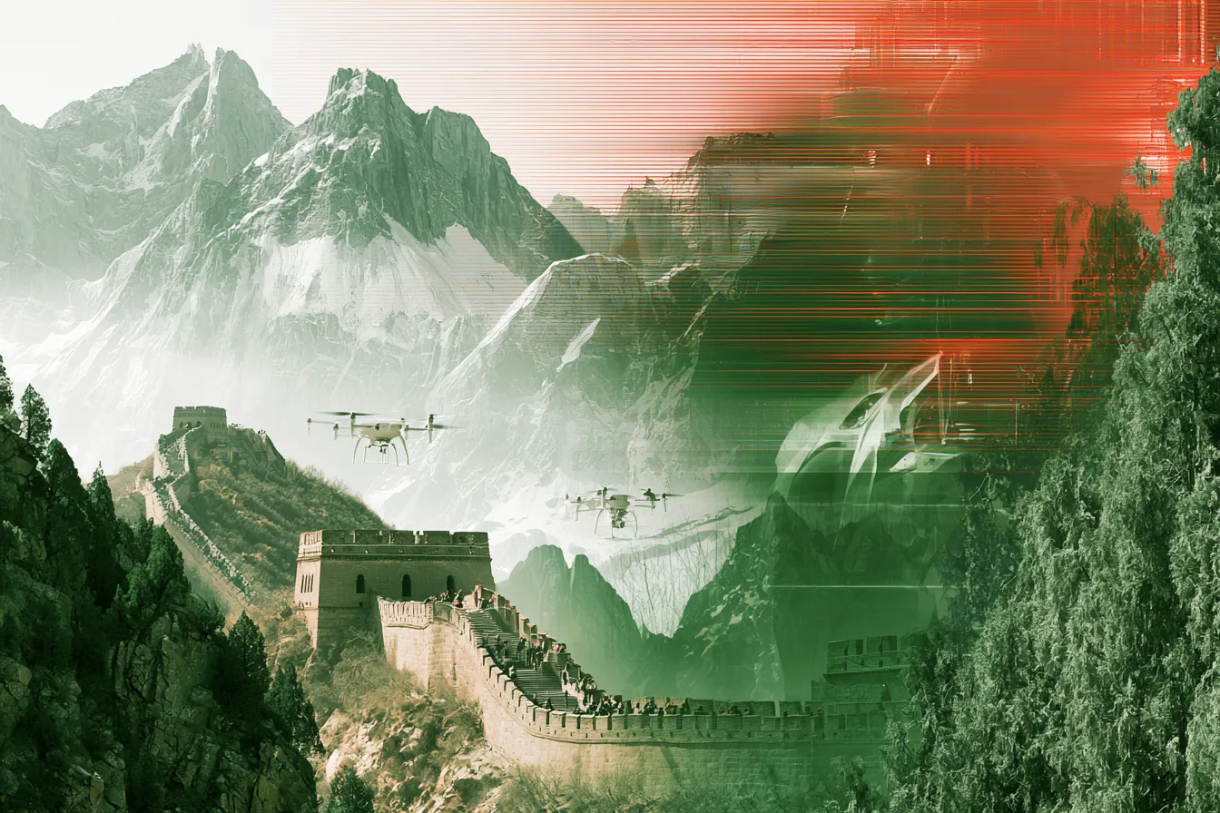 Sfeerbeeld van de AI-studiereis naar China: Chinese muur en skyline van Beijing en Shenzhen met robotica en AI-motieven in rood en jadegroen
